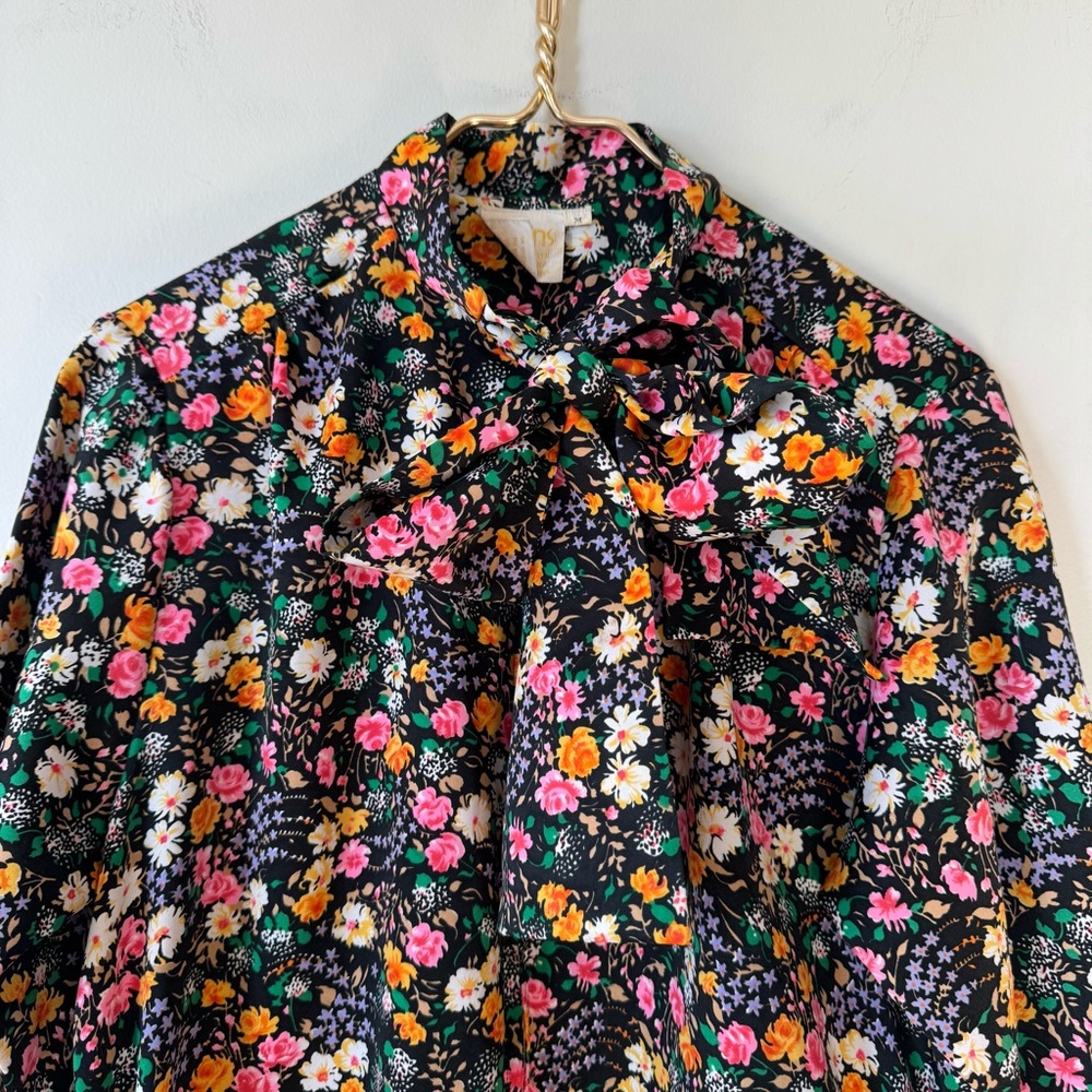 Vintage 70s Atkins Black Floral House coat Dress Muumuu Maxi Dress Pockets M - Picture 4 of 10